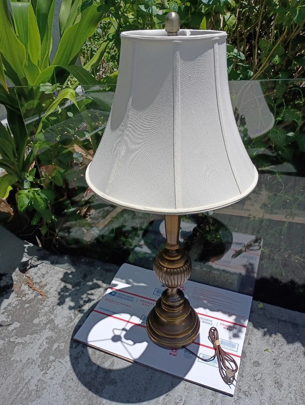 Stiffel Vintage-Ribbed Polished To Brass Table Lamp with White Shade Mid century